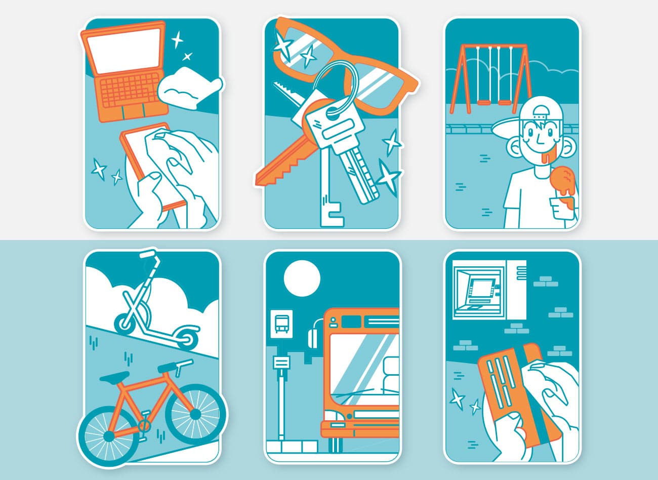 ilustraciones de uso limpiando móvil, gafas, llaves, bus, bici