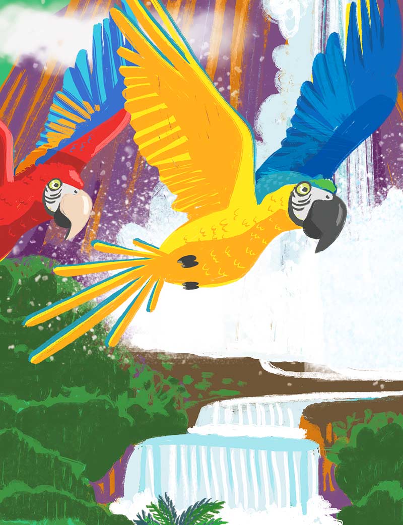 ilustración de papagayos volando sobre cascadas
